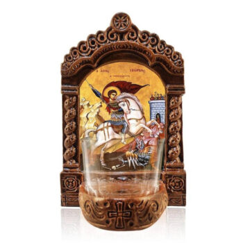 Εικόνα Ορθοδοξίας με περίγραμμα χρυσό σε ξύλο Φλαμουρίας με βάση Φωτιστικό Αγρυπνίας Αγίου Γεωργίου, Επιτραπέζια εικόνα Αγίου Γεωργίου, Χειροποίητο Κεραμικό Φωτιστικό με Γυάλινο Κύπελλο Διάσταση 45x35 cm (17,7 x 13,8 ίντσες) INTRAEK-543216724196 - Image 1