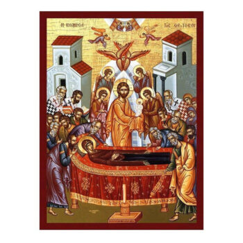 Εικόνα Ορθοδοξίας με περίγραμμα χρυσό σε ξύλο Φλαμουρίας  με  βάση Εικόνα της Κοίμησης της Θεοτόκου, Χειροποίητη Βυζαντινή εικόνα της Κοίμησης της Θεοτόκου, Κρεμαστή πλάκα θρησκευτικής τέχνης, Χριστιανικό δώρο Διάσταση 45x35 cm (17,7 x 13,8 ίντσες) INTRAEK-543216724192 - Image 1