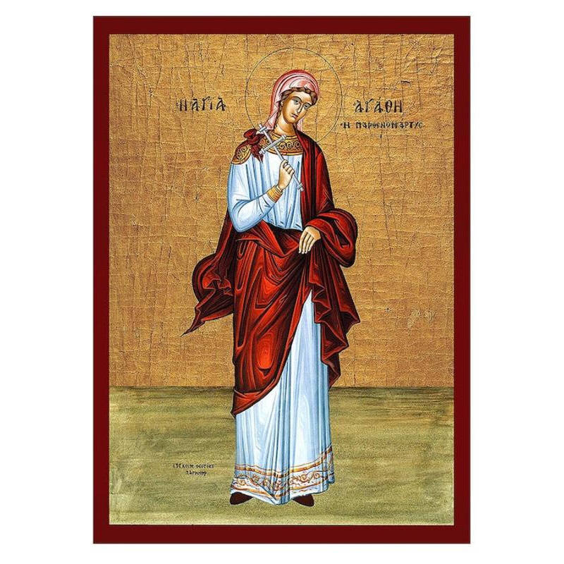 Εικόνα Ορθοδοξίας με περίγραμμα χρυσό σε ξύλο Φλαμουρίας  με  βάση Εικόνα Αγίας Αγάθας της Σικελίας, Χειροποίητη ελληνική εικόνα της Αγίας Αγάθας της Σικελίας, επιτοίχια πλάκα βυζαντινής τέχνης, χριστιανικό δώρο Διάσταση 45x35 cm (17,7 x 13,8 ίντσες) INTRAEK-543216724188