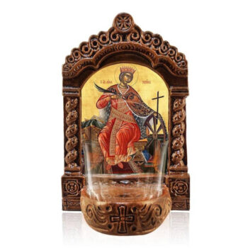 Εικόνα Ορθοδοξίας με περίγραμμα χρυσό σε ξύλο Φλαμουρίας  με  βάση Φωτιστικό Αγίας Αικατερίνης, Εικόνα Επιτραπέζιας Αγίας Αικατερίνης, Χειροποίητο Κεραμικό Φωτιστικό με Γυάλινο Κύπελλο Διάσταση 45x35 cm (17,7 x 13,8 ίντσες) INTRAEK-543216724172 - Image 1