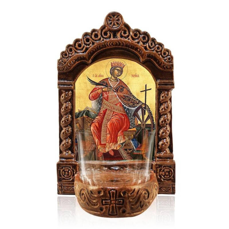 Εικόνα Ορθοδοξίας με περίγραμμα χρυσό σε ξύλο Φλαμουρίας  με  βάση Φωτιστικό Αγίας Αικατερίνης, Εικόνα Επιτραπέζιας Αγίας Αικατερίνης, Χειροποίητο Κεραμικό Φωτιστικό με Γυάλινο Κύπελλο Διάσταση 50x40 cm (19,7 x 15,8 ίντσες)  INTRAEK-6543216724172