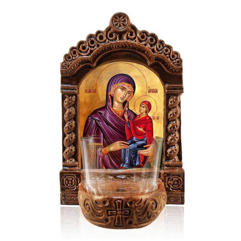 Εικόνα Ορθοδοξίας με περίγραμμα χρυσό σε ξύλο Φλαμουρίας  με  βάση Φωτιστικό Αγίας Άννας, Εικόνα Επιτραπέζιας Αγίας Άννας, Χειροποίητο Κεραμικό Φωτιστικό με Γυάλινο Κύπελλο Διάσταση 50x40 cm (19,7 x 15,8 ίντσες)  INTRAEK-6543216724171