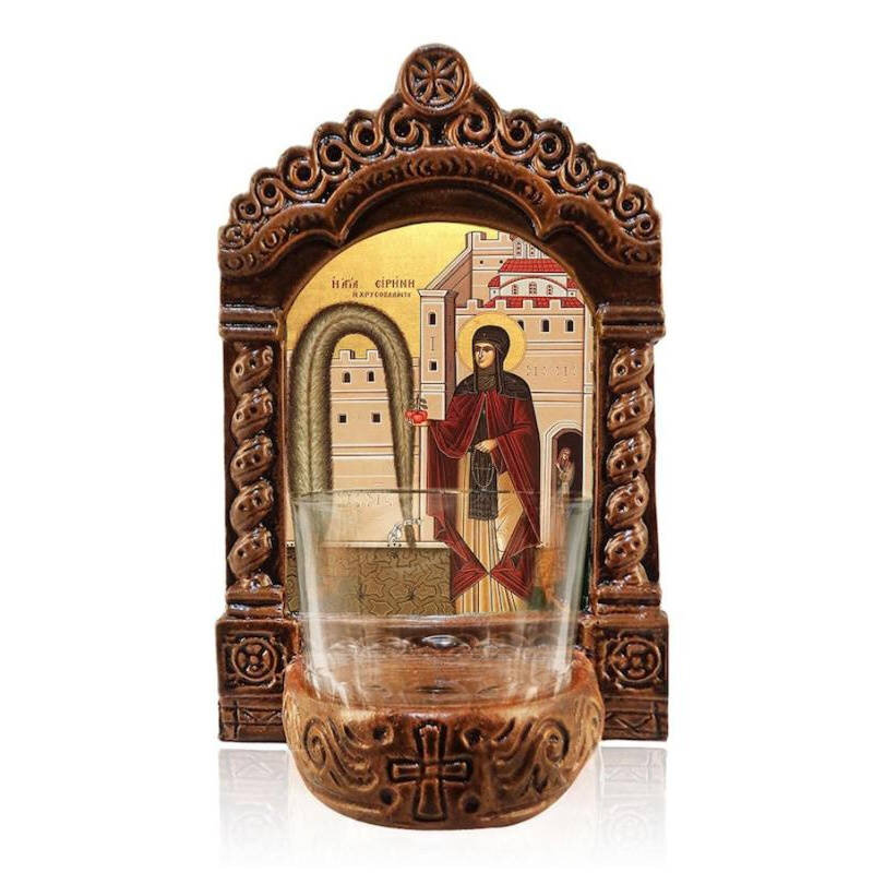 Εικόνα Ορθοδοξίας με περίγραμμα χρυσό σε ξύλο Φλαμουρίας  με  βάση Φωτιστικό Αγίας Ειρήνης Χρυσοβαλάντου, Εικόνα Επιτραπέζιας Αγίας Ειρήνης Χρυσοβαλάντου, Χειροποίητο Κεραμικό Φωτιστικό Αγρυπνίας με Γυάλινο Κύπελλο Διάσταση 50x40 cm (19,7 x 15,8 ίντσες)  INTRAEK-6543216724168