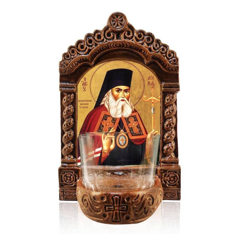 Εικόνα Ορθοδοξίας με περίγραμμα χρυσό σε ξύλο Φλαμουρίας  με  βάση Φωτιστικό Αγρυπνίας Άγιος Λουκάς ο Ιατρός, Εικόνα Επιτραπέζιο Άγιος Λουκάς ο Ιατρός, Χειροποίητο Κεραμικό Φανάρι με γυάλινο κύπελλο Διάσταση 45x35 cm (17,7 x 13,8 ίντσες) INTRAEK-543216724164