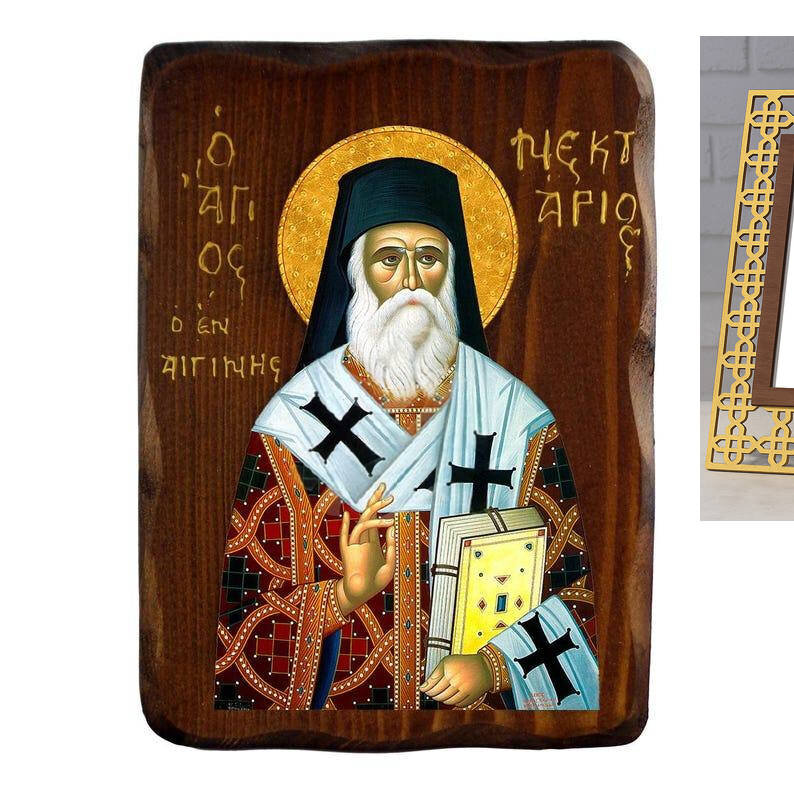 Εικόνα Ορθοδοξίας με περίγραμμα χρυσό σε ξύλο Φλαμουρίας  με  βάση Εικόνα Αγίου Νεκταρίου, Χειροποίητη Ελληνορθόδοξη εικόνα του Αγίου Νεκταρίου, επιτοίχια πλάκα βυζαντινής τέχνης, θρησκευτικό δώρο, χριστιανική διακόσμηση Διάσταση 45x35 cm (17,7 x 13,8 ίντσες) INTRAEK-543216724149