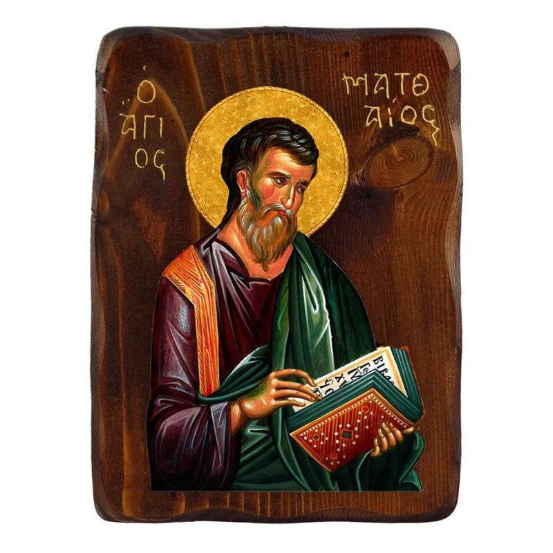 Εικόνα Ορθοδοξίας με περίγραμμα χρυσό σε ξύλο Φλαμουρίας  με  βάση Εικόνα Αγίου Ματθαίου του Αποστόλου, Χειροποίητη ελληνική εικόνα του Αγίου Ματθαίου, επιτοίχια πλάκα βυζαντινής τέχνης, θρησκευτικό δώρο, χριστιανική διακόσμηση Διάσταση 45x35 cm (17,7 x 13,8 ίντσες) INTRAEK-543216724147