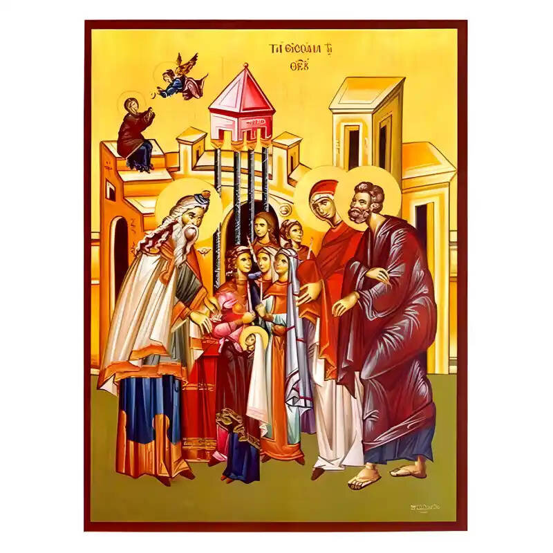 Εικόνα Ορθοδοξίας με περίγραμμα χρυσό σε ξύλο Φλαμουρίας  με  βάση Εικόνα Εισόδια της Θεοτόκου Χειροποίητη Ελληνορθόδοξη , Κρεμαστή πλάκα βυζαντινής τέχνης, χριστιανική τέχνη Διάσταση 10x7 cm (3,9 x 2,8 ίντσες) INTRAEK-671000