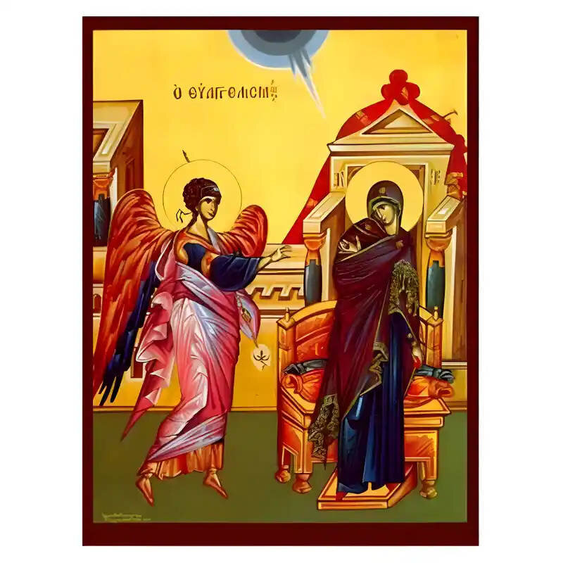 Εικόνα Ορθοδοξίας με περίγραμμα χρυσό σε ξύλο Φλαμουρίας  με  βάση Εικόνα Ευαγγελισμός της Θεοτόκου Χειροποίητη Ελληνορθόδοξη , Κρεμαστή πλάκα βυζαντινής τέχνης, χριστιανική τέχνη Διάσταση 10x7 cm (3,9 x 2,8 ίντσες) INTRAEK-670991