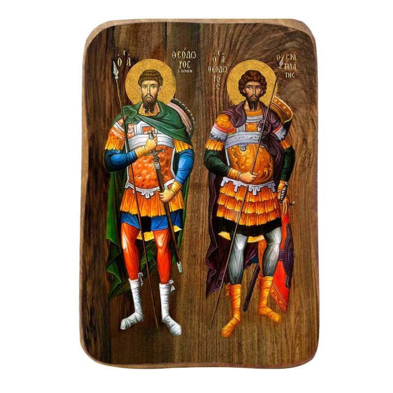 Εικόνα Ορθοδοξίας με περίγραμμα χρυσό σε ξύλο Φλαμουρίας  με  βάση Μπομπονιέρα Βάπτισης Άγιος Θεόδωρος Σετ 20 τεμαχίων, Εικόνα Βάπτισης, Μπομπονιέρα Χειροποίητη Βυζαντινή εικόνα 9x6cm, Χριστιανικό Δώρο Διάσταση 45x35 cm (17,7 x 13,8 ίντσες) INTRAEK-543216724118