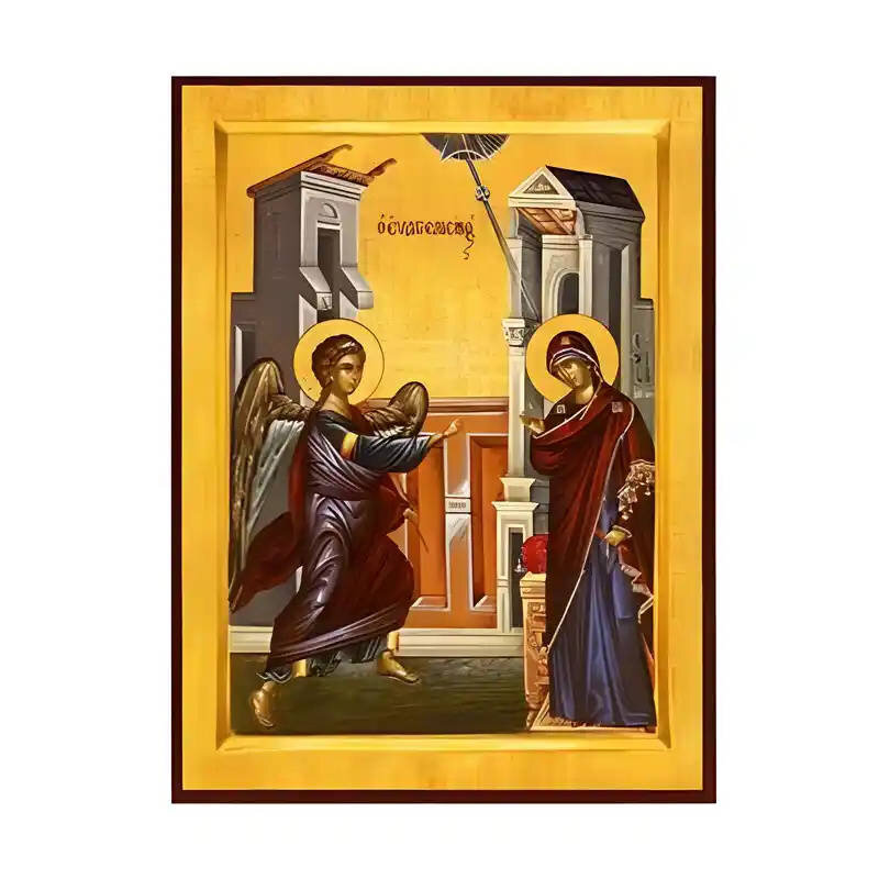 Εικόνα Ορθοδοξίας με περίγραμμα χρυσό σε ξύλο Φλαμουρίας  με  βάση Εικόνα Ευαγγελισμός της Θεοτόκου Χειροποίητη Ελληνορθόδοξη , Κρεμαστή πλάκα βυζαντινής τέχνης, χριστιανική τέχνη Διάσταση 10x7 cm (3,9 x 2,8 ίντσες) INTRAEK-670987