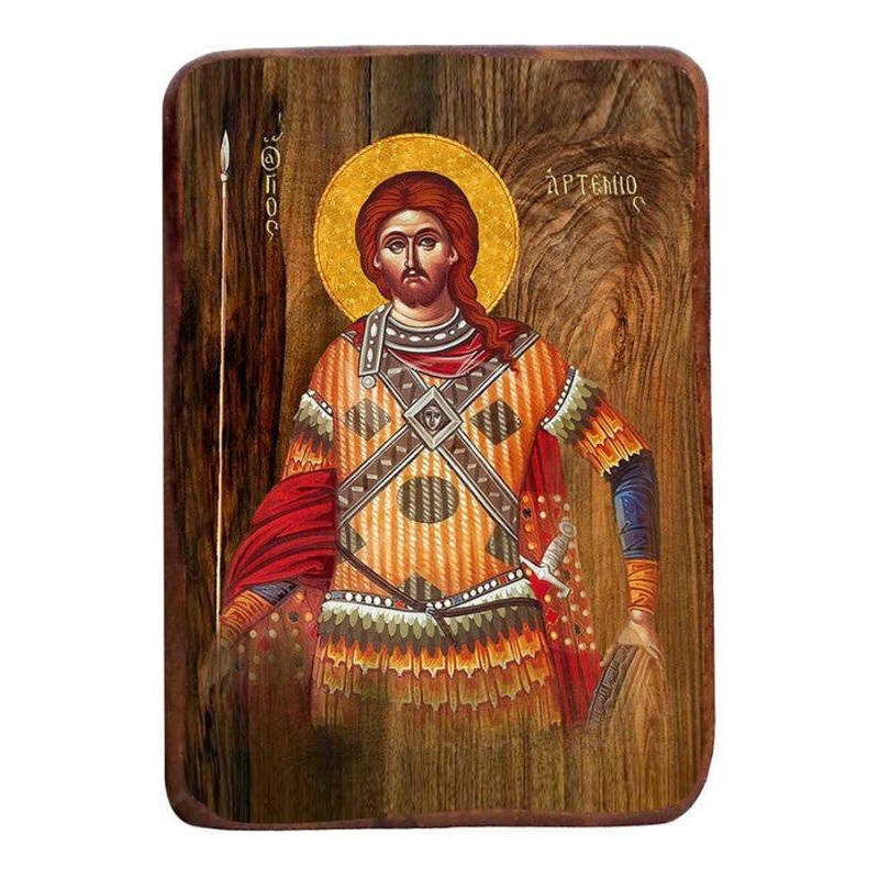 Εικόνα Ορθοδοξίας με περίγραμμα χρυσό σε ξύλο Φλαμουρίας  με  βάση Μπομπονιέρα Βάπτισης Άγιος Αρτέμιος Σετ 20 τεμαχίων, Εικόνα Βάπτισης, Μπομπονιέρα Χειροποίητη Βυζαντινή εικόνα 9x6cm, Χριστιανικό Δώρο Διάσταση 45x35 cm (17,7 x 13,8 ίντσες) INTRAEK-543216724109