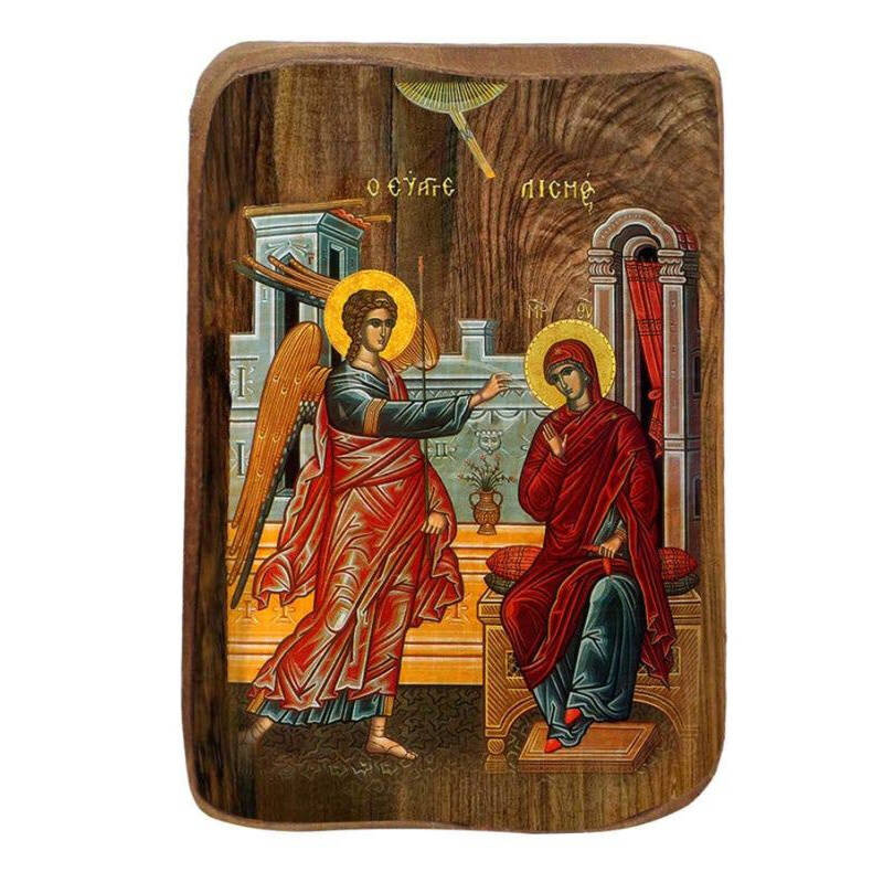 Εικόνα Ορθοδοξίας με περίγραμμα χρυσό σε ξύλο Φλαμουρίας  με  βάση Μπομπονιέρα Βάπτισης Ευαγγελισμός της Θεοτόκου Σετ 20 τεμαχίων, Εικόνα Βάπτισης, Μπομπονιέρα Χειροποίητη Βυζαντινή εικόνα 9x6cm, Χριστιανικό Δώρο Διάσταση 45x35 cm (17,7 x 13,8 ίντσες) INTRAEK-543216724088