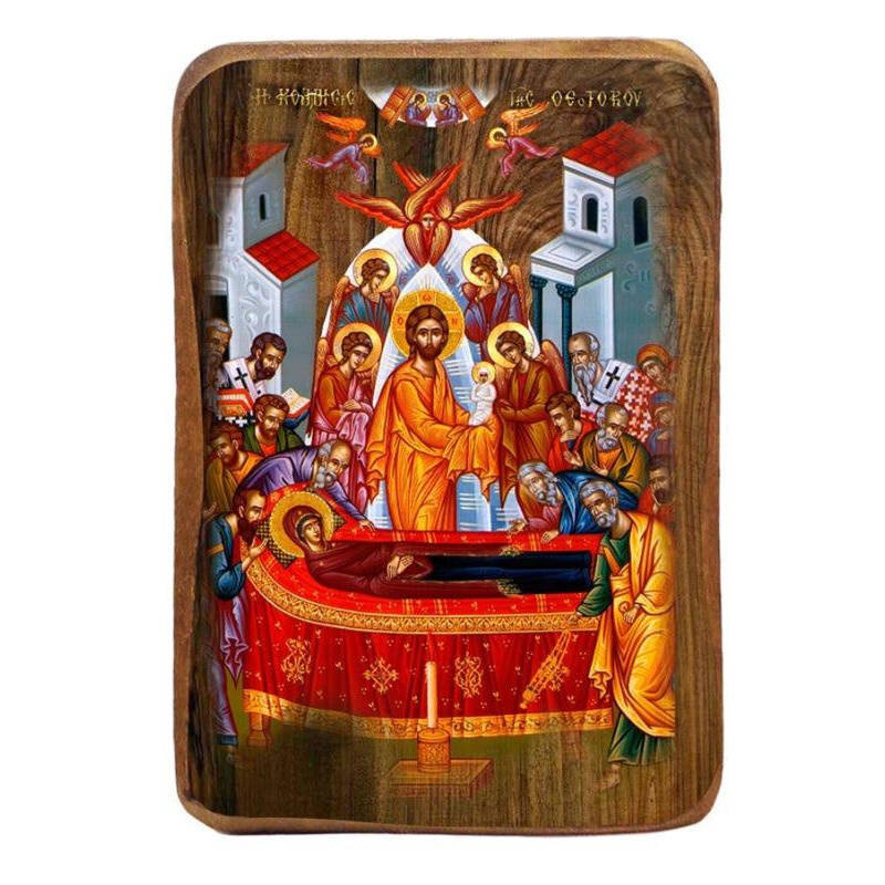 Εικόνα Ορθοδοξίας με περίγραμμα χρυσό σε ξύλο Φλαμουρίας  με  βάση Μπομπονιέρα Βάπτισης Κοίμηση της Θεοτόκου Σετ 20 τεμαχίων, Εικόνα Βάπτισης, Μπομπονιέρα Χειροποίητη Βυζαντινή εικόνα 9x6cm, Χριστιανικό Δώρο Διάσταση 45x35 cm (17,7 x 13,8 ίντσες) INTRAEK-543216724066