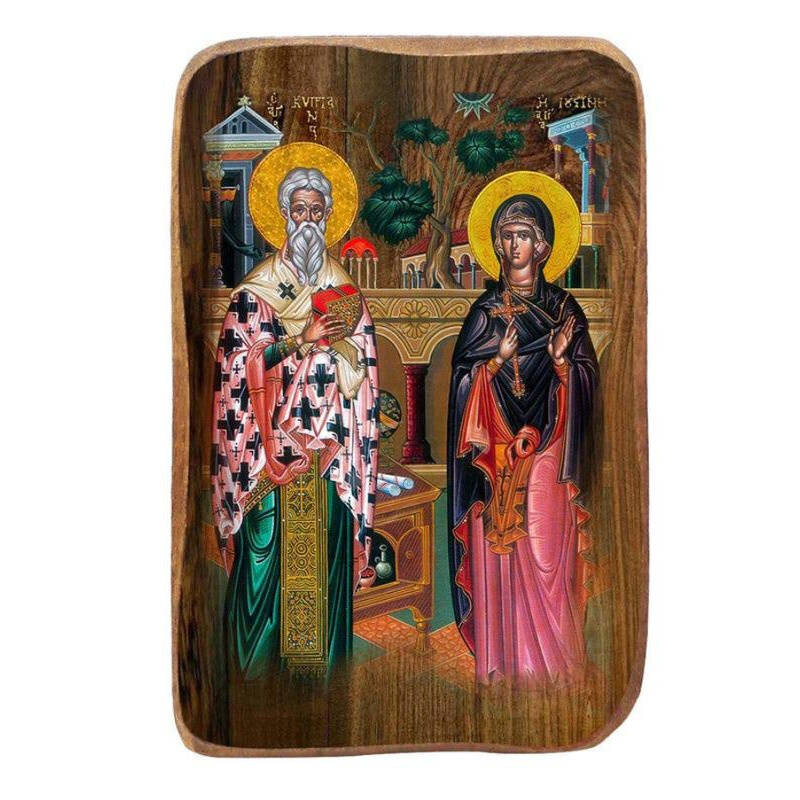 Εικόνα Ορθοδοξίας με περίγραμμα χρυσό σε ξύλο Φλαμουρίας  με  βάση Μπομπονιέρα Βάπτισης Άγιος Κύπριος και Αγία Ιουστίνα Σετ 20 τεμαχίων, Εικόνα Βάπτισης, Χειροποίητη Βυζαντινή εικόνα Bomboniera 9x6cm, Χριστιανικό Δώρο Διάσταση 50x40 cm (19,7 x 15,8 ίντσες)  INTRAEK-6543216724065