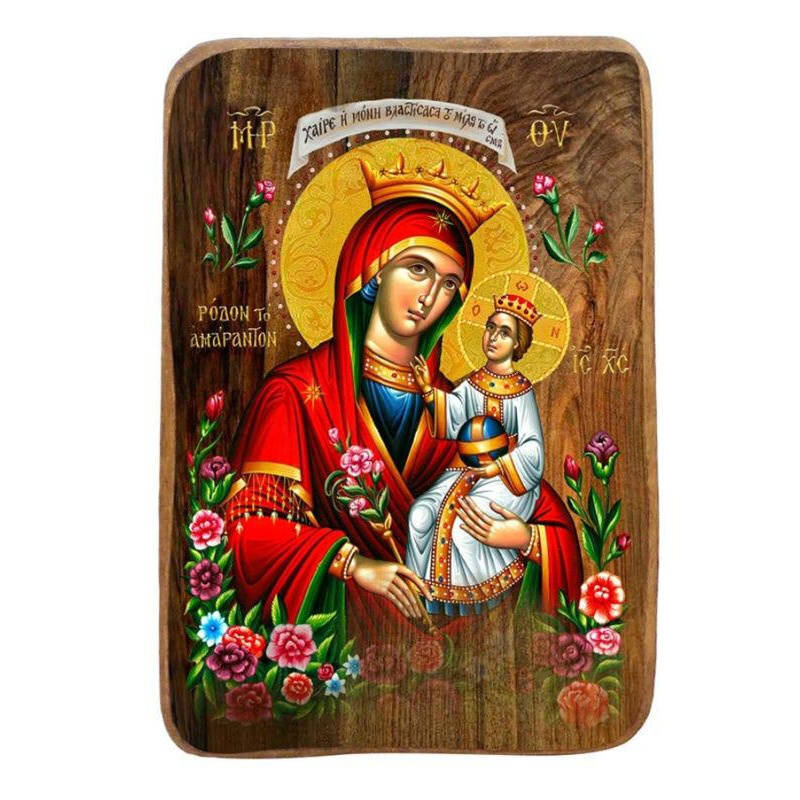 Εικόνα Ορθοδοξίας με περίγραμμα χρυσό σε ξύλο Φλαμουρίας  με  βάση Μπομπονιέρα Βάπτισης Παναγία του Αχαλίνωτου Τριαντάφυλλου Σετ 20 τεμαχίων, Εικόνα Βάπτισης, Μπομπονιέρα Χειροποίητη Βυζαντινή εικόνα 9x6cm, Χριστιανικό Δώρο Διάσταση 50x40 cm (19,7 x 15,8 ίντσες)  INTRAEK-6543216724035