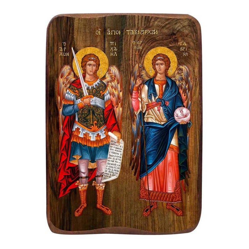 Εικόνα Ορθοδοξίας με περίγραμμα χρυσό σε ξύλο Φλαμουρίας  με  βάση Μπομπονιέρα Βάπτισης Αρχαγγέλων Μιχαήλ και Γαβριήλ Σετ 20 τεμαχίων, Εικόνα Βάπτισης, Μπομπονιέρα Χειροποίητη Βυζαντινή εικόνα 9x6cm, Χριστιανικό Δώρο Διάσταση 50x40 cm (19,7 x 15,8 ίντσες)  INTRAEK-6543216724026
