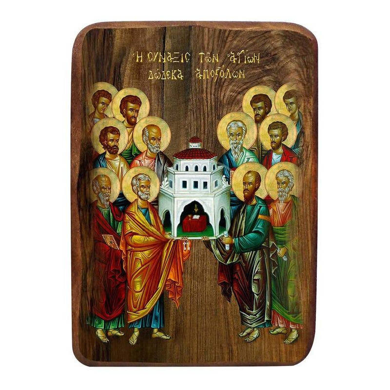 Εικόνα Ορθοδοξίας με περίγραμμα χρυσό σε ξύλο Φλαμουρίας  με  βάση Μπομπονιέρα Βάπτισης Σύναξη των Δώδεκα Αποστόλων Σετ 20 τεμαχίων, Εικόνα Βάπτισης, Μπομπονιέρα Χειροποίητη Βυζαντινή εικόνα 9x6, Χριστιανικό Δώρο Διάσταση 50x40 cm (19,7 x 15,8 ίντσες)  INTRAEK-6543216724024