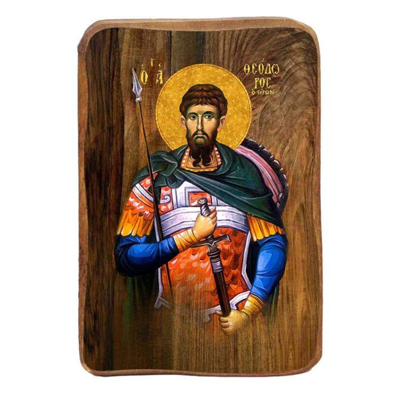 Εικόνα Ορθοδοξίας με περίγραμμα χρυσό σε ξύλο Φλαμουρίας  με  βάση Άγιος Θεόδωρος ο στρατηλάτης Μπομπονιέρα Βάπτισης Σετ 20 τεμαχίων, Εικόνα Βάπτισης, Bomboniera Χειροποίητη Βυζαντινή εικόνα 9x6cm, Χριστιανικό Δώρο Διάσταση 45x35 cm (17,7 x 13,8 ίντσες) INTRAEK-543216724023