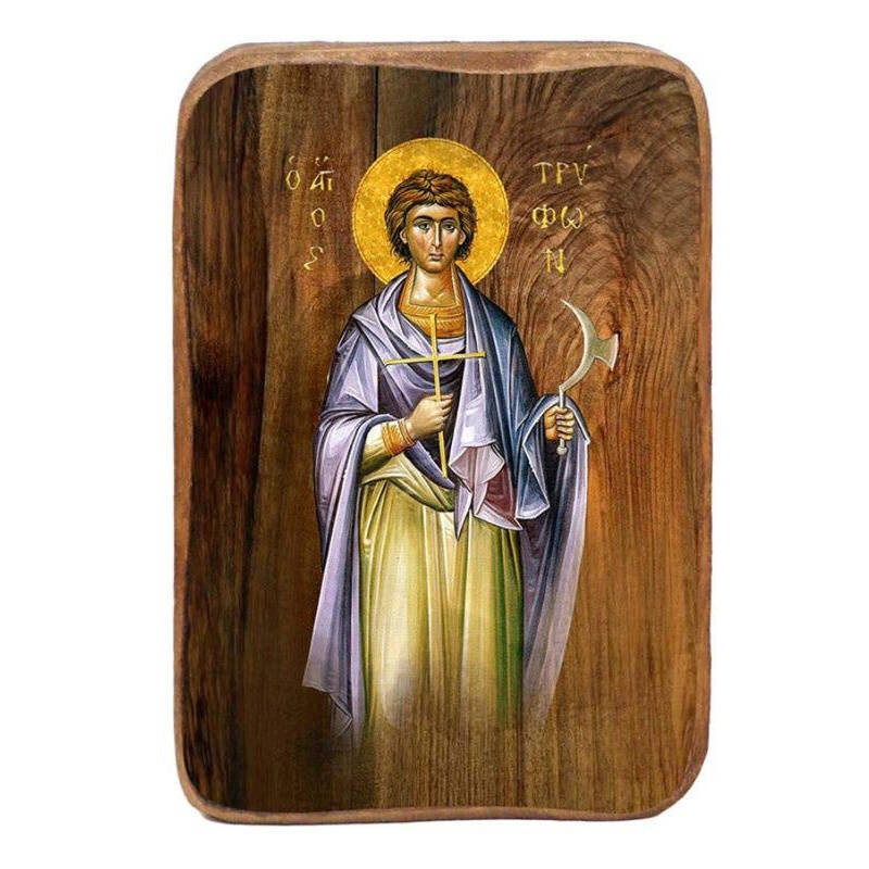 Εικόνα Ορθοδοξίας με περίγραμμα χρυσό σε ξύλο Φλαμουρίας  με  βάση Μπομπονιέρα Βάπτισης Άγιος Τρύφωνας Σετ 20 τεμαχίων, Εικόνα Βάπτισης, Μπομπονιέρα Χειροποίητη Βυζαντινή εικόνα 9x6cm, Χριστιανικό Δώρο Διάσταση 45x35 cm (17,7 x 13,8 ίντσες) INTRAEK-543216724016