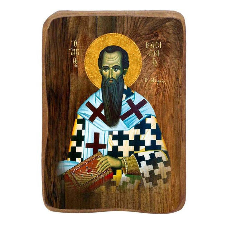 Εικόνα Ορθοδοξίας με περίγραμμα χρυσό σε ξύλο Φλαμουρίας  με  βάση Μπομπονιέρα Βάπτισης Άγιος Βασίλειος Σετ 20 τεμαχίων, Εικόνα Βάπτισης, Χειροποίητη Βυζαντινή εικόνα Bomboniera 9x6cm, Χριστιανικό Δώρο Διάσταση 45x35 cm (17,7 x 13,8 ίντσες) INTRAEK-543216724015