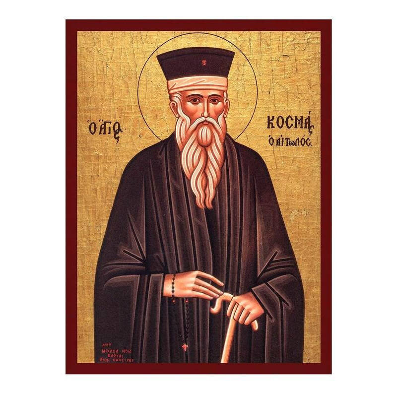 Εικόνα Ορθοδοξίας με περίγραμμα χρυσό σε ξύλο Φλαμουρίας  με  βάση Άγιος Κοσμάς ο Αιτωλός, Χειροποίητη Βυζαντινή εικόνα Αγίου Κοσμά του Αιτωλού, Κρεμαστή πλάκα θρησκευτικής τέχνης, Χριστιανικό δώρο Διάσταση 50x40 cm (19,7 x 15,8 ίντσες)  INTRAEK-6543216724006
