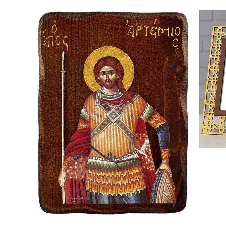 Εικόνα Ορθοδοξίας με περίγραμμα χρυσό σε ξύλο Φλαμουρίας  με  βάση Εικόνα Αγίου Αρτεμίου, Χειροποίητη Ελληνορθόδοξη εικόνα του Αγίου Αρτεμίου, επιτοίχια βυζαντινή τέχνη, θρησκευτικό δώρο, χριστιανική διακόσμηση Διάσταση 50x40 cm (19,7 x 15,8 ίντσες)  INTRAEK-6543216723993