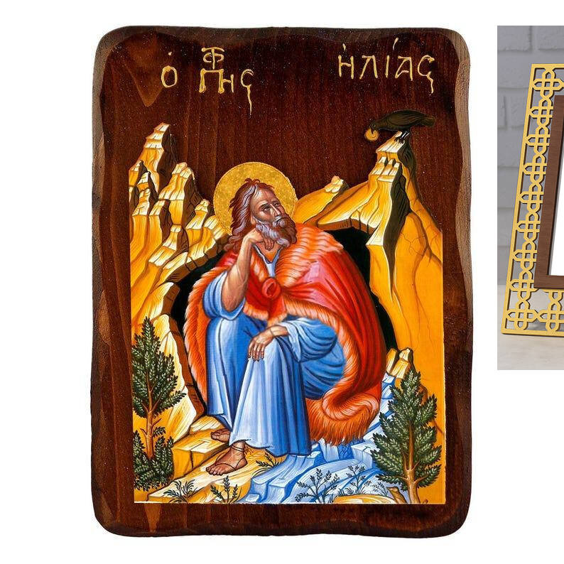 Εικόνα Ορθοδοξίας με περίγραμμα χρυσό σε ξύλο Φλαμουρίας  με  βάση Εικόνα Προφήτη Ηλία, Χειροποίητη ελληνορθόδοξη εικόνα του Προφήτη Ηλία, επιτοίχια πλάκα βυζαντινής τέχνης, θρησκευτικό δώρο, χριστιανική διακόσμηση Διάσταση 45x35 cm (17,7 x 13,8 ίντσες) INTRAEK-543216723982