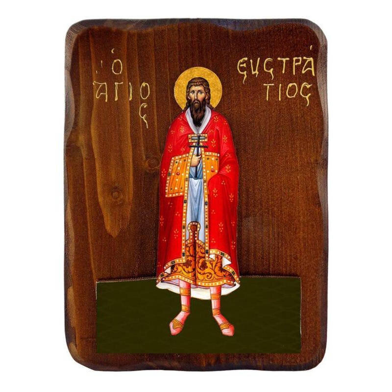 Εικόνα Ορθοδοξίας με περίγραμμα χρυσό σε ξύλο Φλαμουρίας  με  βάση Εικόνα Αγίου Ευστρατίου, Χειροποίητη ελληνορθόδοξη εικόνα του Αγίου Ευστρατίου, επιτοίχια πλάκα βυζαντινής τέχνης, θρησκευτικό δώρο, χριστιανική διακόσμηση Διάσταση 50x40 cm (19,7 x 15,8 ίντσες)  INTRAEK-6543216723981