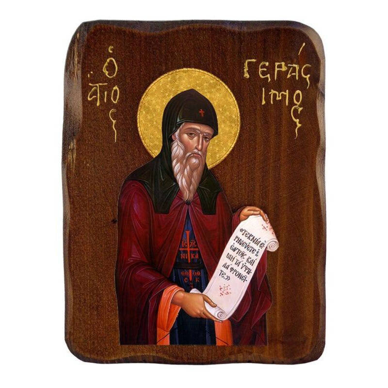 Εικόνα Ορθοδοξίας με περίγραμμα χρυσό σε ξύλο Φλαμουρίας  με  βάση Εικόνα Αγίου Γερασίμου, Χειροποίητη ελληνορθόδοξη εικόνα του Αγίου Γερασίμου, επιτοίχια πλάκα βυζαντινής τέχνης, θρησκευτικό δώρο, χριστιανική διακόσμηση Διάσταση 50x40 cm (19,7 x 15,8 ίντσες)  INTRAEK-6543216723977