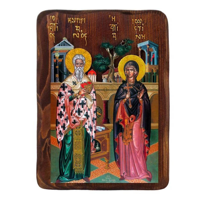 Εικόνα Ορθοδοξίας με περίγραμμα χρυσό σε ξύλο Φλαμουρίας  με  βάση Εικόνα Αγίων Κυπριανού και Ιουστίνας, Χειροποίητη ελληνορθόδοξη εικόνα, επιτοίχια πλάκα βυζαντινής τέχνης, θρησκευτικό δώρο, χριστιανική διακόσμηση Διάσταση 50x40 cm (19,7 x 15,8 ίντσες)  INTRAEK-6543216723968