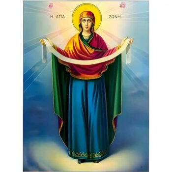 Εικόνα Ορθοδοξίας με περίγραμμα χρυσό σε ξύλο Φλαμουρίας με βάση Εικόνα Παναγία, Κατάθεση Τίμιας Ζώνης Χειροποίητη Ελληνορθόδοξη , Κρεμαστή πλάκα βυζαντινής τέχνης, χριστιανική τέχνη Διάσταση 10x7 cm (3,9 x 2,8 ίντσες) INTRAEK-670964 - Image 1