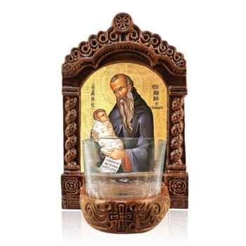 Εικόνα Ορθοδοξίας με περίγραμμα χρυσό σε ξύλο Φλαμουρίας  με  βάση Φωτιστικό Αγρυπνίας Αγίου Στυλιανού, Παιδικός Προστάτης Αγίου Στυλιανού, Ελληνικής κατασκευής Επιτραπέζια εικόνα, Χειροποίητο Κεραμικό Φωτιστικό με Γυάλινο Κύπελλο Διάσταση 45x35 cm (17,7 x 13,8 ίντσες) INTRAEK-543216723868 - Image 1