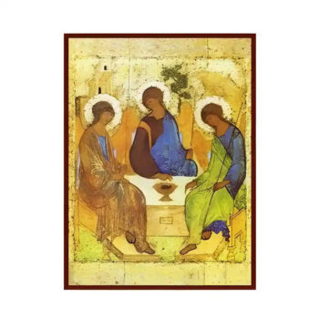 Εικόνα Ορθοδοξίας με περίγραμμα χρυσό σε ξύλο Φλαμουρίας  με  βάση Εικόνα Αγία Τριάδα - Τρεις Άγγελοι εκ της φιλοξενίας του Αβραάμ Χειροποίητη Ελληνορθόδοξη , Κρεμαστή πλάκα βυζαντινής τέχνης, χριστιανική τέχνη Διάσταση 10x7 cm (3,9 x 2,8 ίντσες) INTRAEK-670859 - Image 1