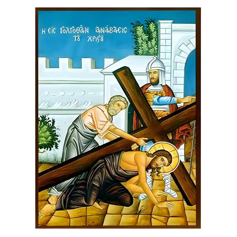 Εικόνα Ορθοδοξίας με περίγραμμα χρυσό σε ξύλο Φλαμουρίας  με  βάση Εικόνα Ανάβαση Κυρίου στο Γολγοθά Χειροποίητη Ελληνορθόδοξη , Κρεμαστή πλάκα βυζαντινής τέχνης, χριστιανική τέχνη Διάσταση 10x7 cm (3,9 x 2,8 ίντσες) INTRAEK-671048