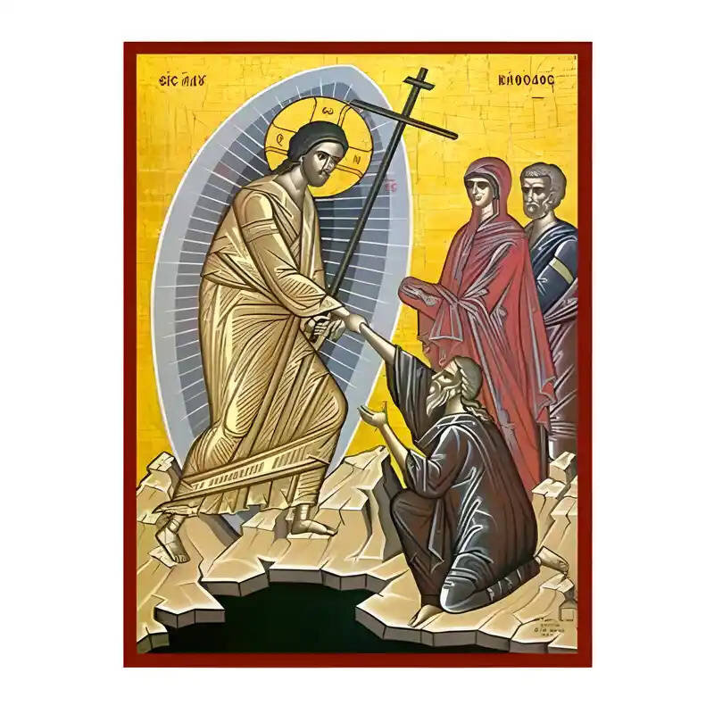 Εικόνα Ορθοδοξίας με περίγραμμα χρυσό σε ξύλο Φλαμουρίας  με  βάση Εικόνα Ανάσταση Χριστού, Άδου Κάθοδος Χειροποίητη Ελληνορθόδοξη , Κρεμαστή πλάκα βυζαντινής τέχνης, χριστιανική τέχνη Διάσταση 10x7 cm (3,9 x 2,8 ίντσες) INTRAEK-671033