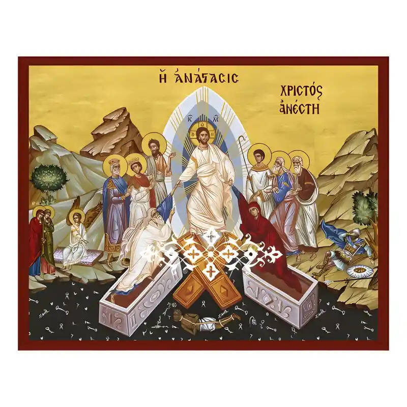 Εικόνα Ορθοδοξίας με περίγραμμα χρυσό σε ξύλο Φλαμουρίας  με  βάση Εικόνα Ανάσταση Χριστού, Χριστός Ανέστη Χειροποίητη Ελληνορθόδοξη , Κρεμαστή πλάκα βυζαντινής τέχνης, χριστιανική τέχνη Διάσταση 10x7 cm (3,9 x 2,8 ίντσες) INTRAEK-671031