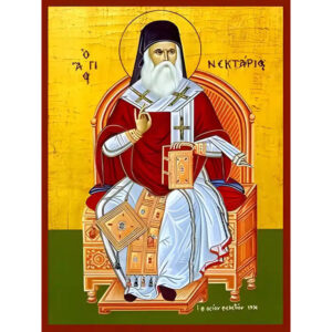 Εικόνα Ορθοδοξίας με περίγραμμα χρυσό σε ξύλο Φλαμουρίας  με  βάση Εικόνα ΑΓΙΟΣ ΝΕΚΤΑΡΙΟΣ ΠΕΝΤΑΠΟΛΕΩΣ, Ο ΕΝ ΑΙΓΙΝΗ, ΕΝΘΡΟΝΟΣ Χειροποίητη Ελληνορθόδοξη εικόνα του Ιησού Χριστού, Κρεμαστή πλάκα βυζαντινής τέχνης, χριστιανική τέχνη Διάσταση 15x11 cm (5,9x4,3 ίντσες)  INTRAEK-337757864700