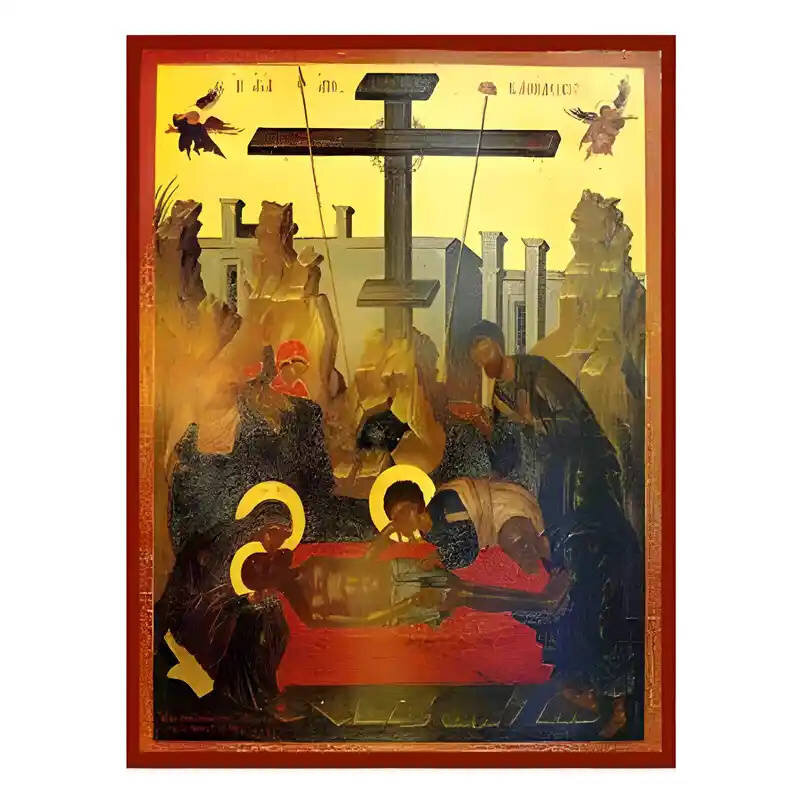 Εικόνα Ορθοδοξίας με περίγραμμα χρυσό σε ξύλο Φλαμουρίας  με  βάση Εικόνα Αποκαθήλωση του Χριστού Χειροποίητη Ελληνορθόδοξη , Κρεμαστή πλάκα βυζαντινής τέχνης, χριστιανική τέχνη Διάσταση 10x7 cm (3,9 x 2,8 ίντσες) INTRAEK-671029