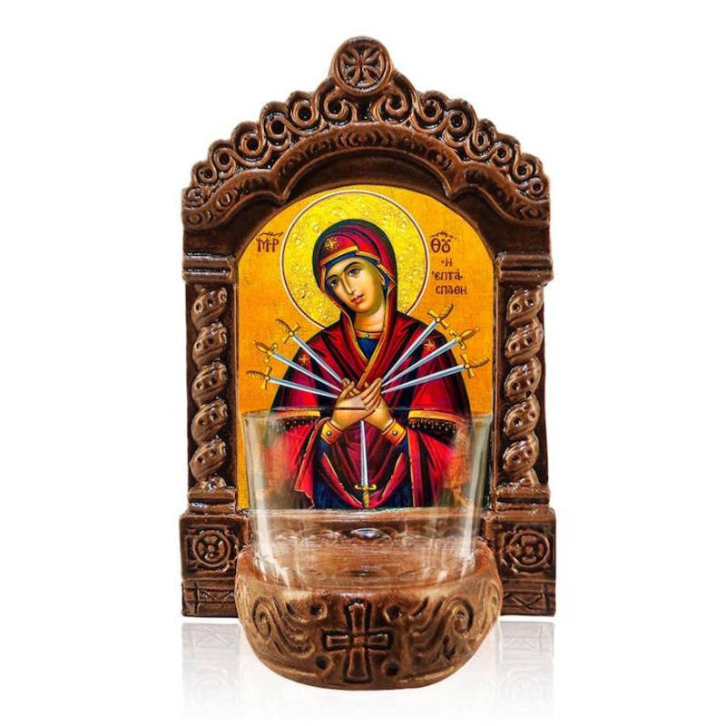 Εικόνα Ορθοδοξίας με περίγραμμα χρυσό σε ξύλο Φλαμουρίας  με  βάση Παναγία των Επτά Θλίψεων Παναγία Αγρυπνία, Η Επταξίφη Παναγία Κεραμική Επιτραπέζια Εικόνα, Παναγία Επτασπάθη Αγρυπνία με Κύπελλο Διάσταση 50x40 cm (19,7 x 15,8 ίντσες)  INTRAEK-6543216724156