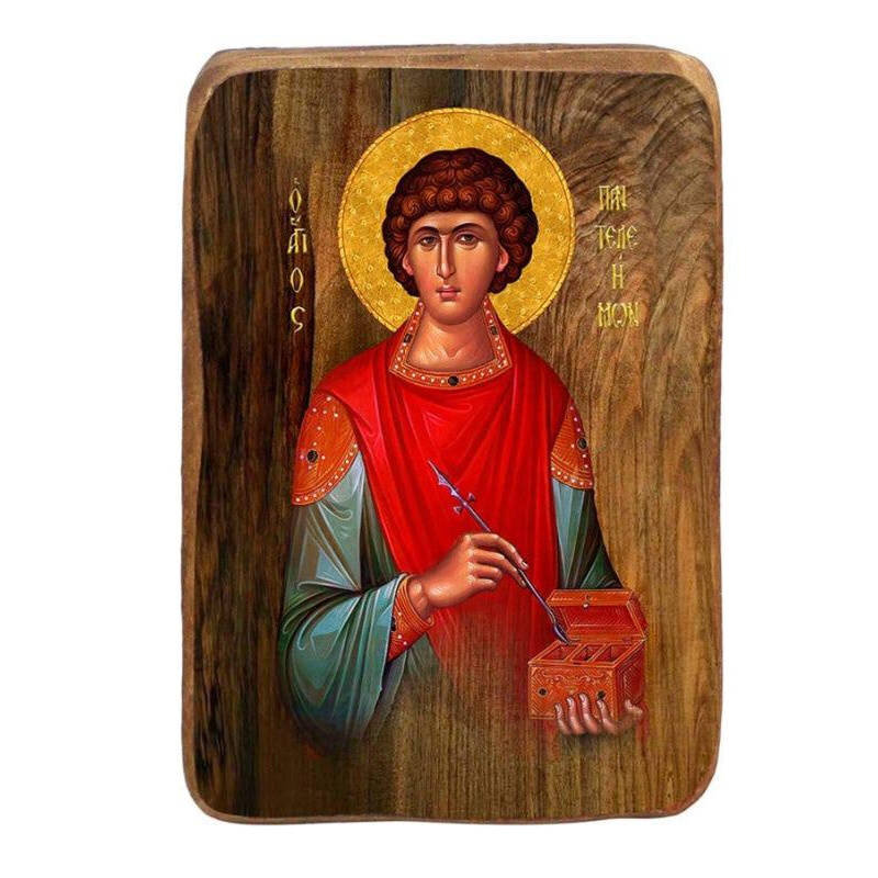 Εικόνα Ορθοδοξίας με περίγραμμα χρυσό σε ξύλο Φλαμουρίας  με  βάση Μπομπονιέρα Βάπτισης Άγιος Παντελεήμονας Σετ 20 τεμαχίων, Εικόνα Βάπτισης, Μπομπονιέρα Χειροποίητη Βυζαντινή εικόνα 9x6cm, Χριστιανικό Δώρο Διάσταση 50x40 cm (19,7 x 15,8 ίντσες)  INTRAEK-6543216724044