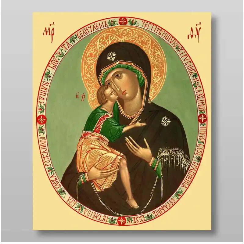 Εικόνα Ορθοδοξίας με περίγραμμα χρυσό σε ξύλο Φλαμουρίας  με  βάση Εικόνα της Μητέρας του Θεού Zhirovitsy Χειροποίητη Ελληνορθόδοξη , Κρεμαστή πλάκα βυζαντινής τέχνης, χριστιανική τέχνη Διάσταση 10x7 cm (3,9 x 2,8 ίντσες) INTRAEK-71364
