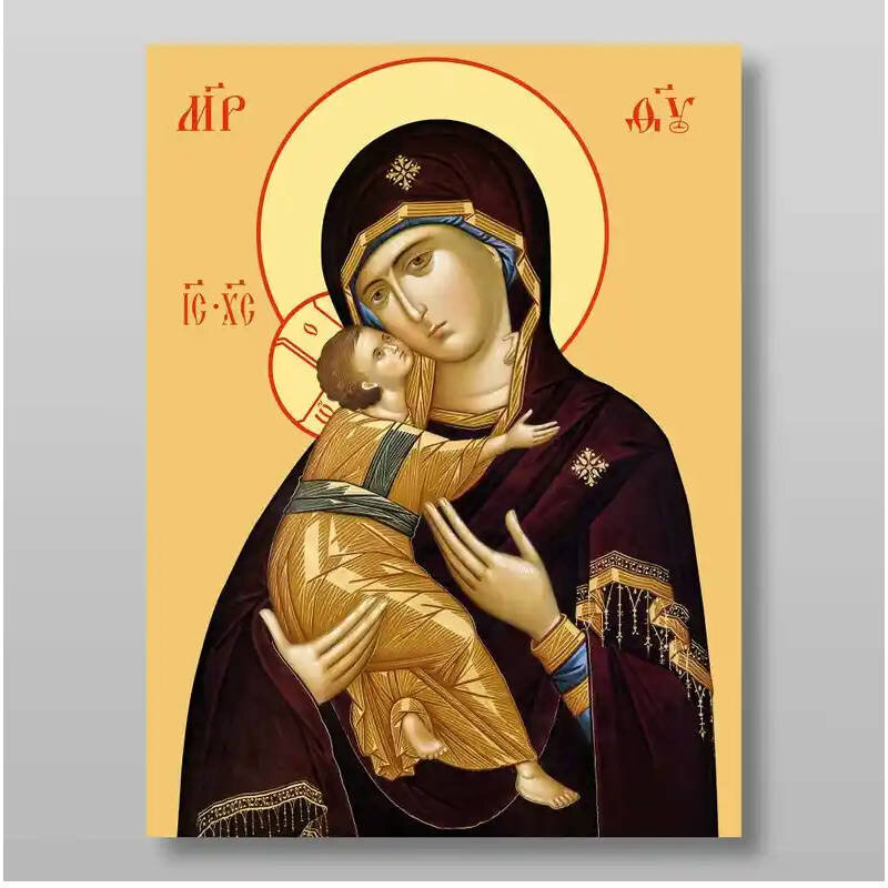 Εικόνα Ορθοδοξίας με περίγραμμα χρυσό σε ξύλο Φλαμουρίας  με  βάση Η Μητέρα του Θεού Βλαντιμίρ Χειροποίητη Ελληνορθόδοξη , Κρεμαστή πλάκα βυζαντινής τέχνης, χριστιανική τέχνη Διάσταση 10x7 cm (3,9 x 2,8 ίντσες) INTRAEK-71363