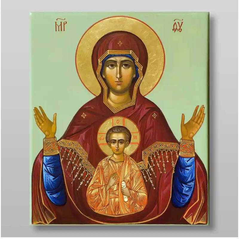 Εικόνα Ορθοδοξίας με περίγραμμα χρυσό σε ξύλο Φλαμουρίας  με  βάση Εικόνα της Μητέρας του Θεού, του Σημαδίου Χειροποίητη Ελληνορθόδοξη , Κρεμαστή πλάκα βυζαντινής τέχνης, χριστιανική τέχνη Διάσταση 21x15 cm (8,3 x 5,9 ίντσες) INTRAEK-321357
