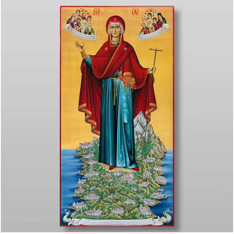 Εικόνα Ορθοδοξίας με περίγραμμα χρυσό σε ξύλο Φλαμουρίας  με  βάση Η Θεομητορική Προστάτιδα του Αγίου Όρους Χειροποίητη Ελληνορθόδοξη , Κρεμαστή πλάκα βυζαντινής τέχνης, χριστιανική τέχνη Διάσταση 10x7 cm (3,9 x 2,8 ίντσες) INTRAEK-7939