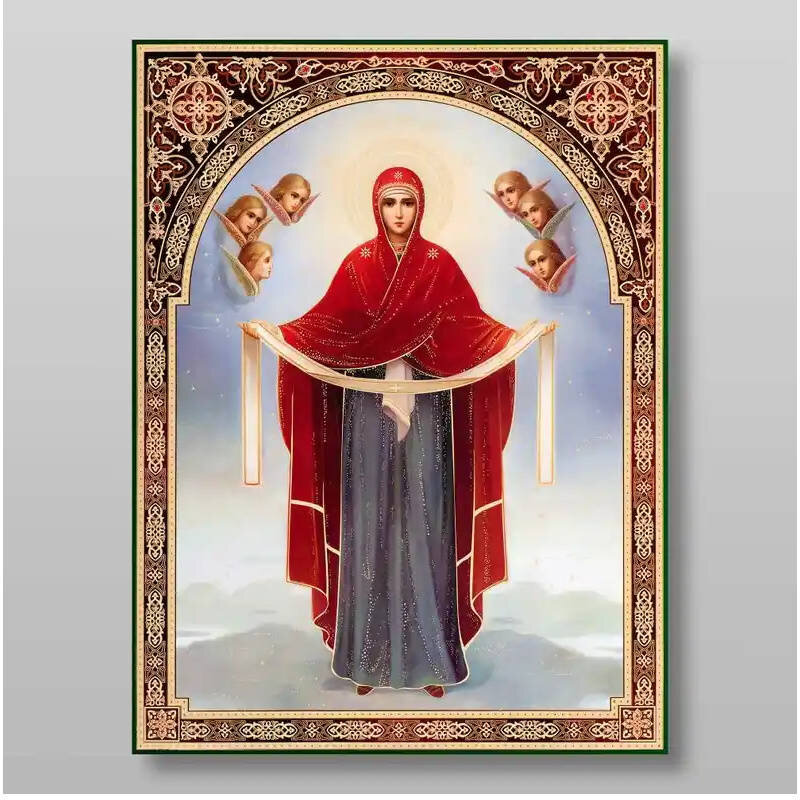 Εικόνα Ορθοδοξίας με περίγραμμα χρυσό σε ξύλο Φλαμουρίας  με  βάση Pokrov Εικόνα της Μητέρας του Θεού Χειροποίητη Ελληνορθόδοξη , Κρεμαστή πλάκα βυζαντινής τέχνης, χριστιανική τέχνη Διάσταση 15x11 cm (5,9 x 4,3 ίντσες) INTRAEK-21331