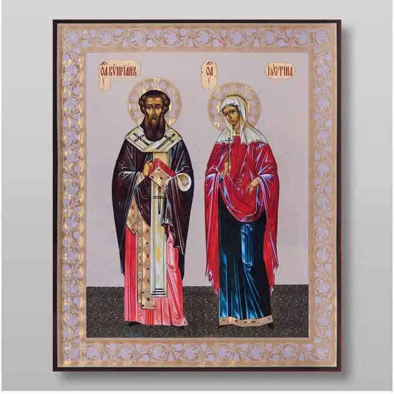 Εικόνα Ορθοδοξίας με περίγραμμα χρυσό σε ξύλο Φλαμουρίας  με  βάση Κύπρια και Ιουστινία μάρτυρες, Χειροποίητη Ελληνορθόδοξη , Κρεμαστή πλάκα βυζαντινής τέχνης, χριστιανική τέχνη Διάσταση 15x11 cm (5,9 x 4,3 ίντσες) INTRAEK-21318