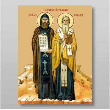 Εικόνα Ορθοδοξίας με περίγραμμα χρυσό σε ξύλο Φλαμουρίας  με  βάση Κύριλλος και Μεθόδιος, άγιοι, ισάξιοι των αποστόλων, Χειροποίητη Ελληνορθόδοξη , Κρεμαστή πλάκα βυζαντινής τέχνης, χριστιανική τέχνη Διάσταση 15x11 cm (5,9 x 4,3 ίντσες) INTRAEK-21317 - Image 1