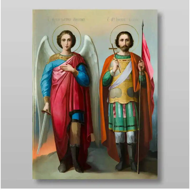 Εικόνα Ορθοδοξίας με περίγραμμα χρυσό σε ξύλο Φλαμουρίας  με  βάση Μιχαήλ ο Αρχάγγελος και Ιωάννης ο πολεμιστής, Χειροποίητη Ελληνορθόδοξη , Κρεμαστή πλάκα βυζαντινής τέχνης, χριστιανική τέχνη Διάσταση 21x15 cm (8,3 x 5,9 ίντσες) INTRAEK-321287
