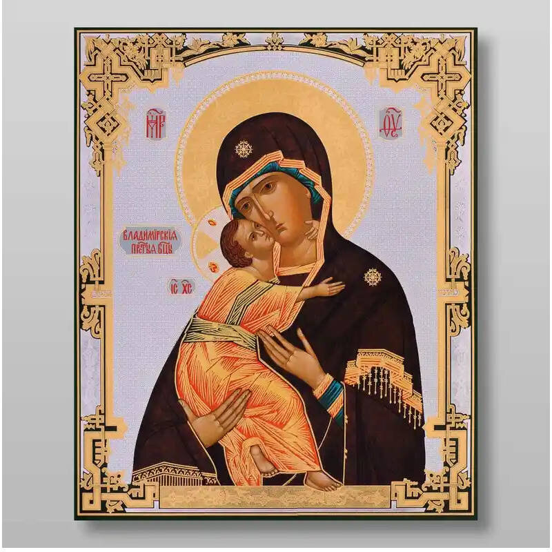 Εικόνα Ορθοδοξίας με περίγραμμα χρυσό σε ξύλο Φλαμουρίας  με  βάση Η Μητέρα του Θεού Βλαντιμίρ Χειροποίητη Ελληνορθόδοξη , Κρεμαστή πλάκα βυζαντινής τέχνης, χριστιανική τέχνη Διάσταση 15x11 cm (5,9 x 4,3 ίντσες) INTRAEK-21286