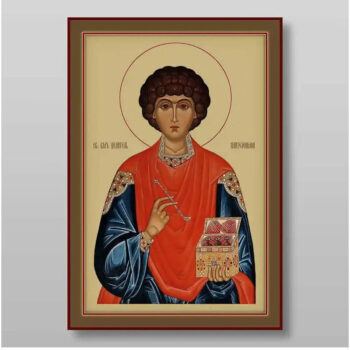 Εικόνα Ορθοδοξίας με περίγραμμα χρυσό σε ξύλο Φλαμουρίας με βάση Παντελεήμων ο Μεγαλομάρτυρας, Χειροποίητη Ελληνορθόδοξη , Κρεμαστή πλάκα βυζαντινής τέχνης, χριστιανική τέχνη Διάσταση 10x7 cm (3,9 x 2,8 ίντσες) INTRAEK-71276 - Image 1